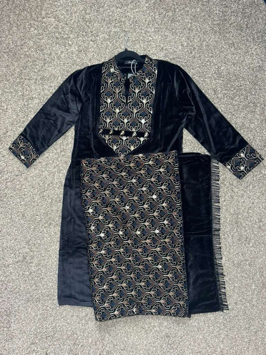 3 piece velvet suit set (Kurta, Plain Pants & Printed Shawl)