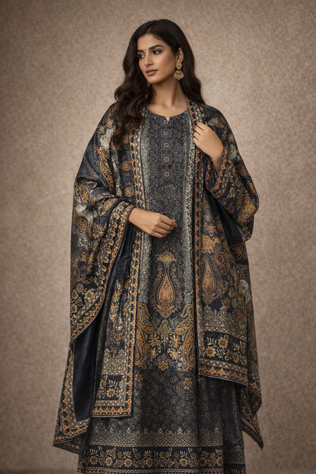 Rich navy blue ethnic suit set pashmina
