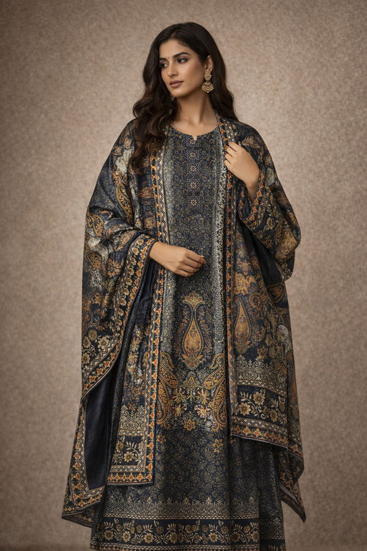 Rich navy blue ethnic suit set pashmina