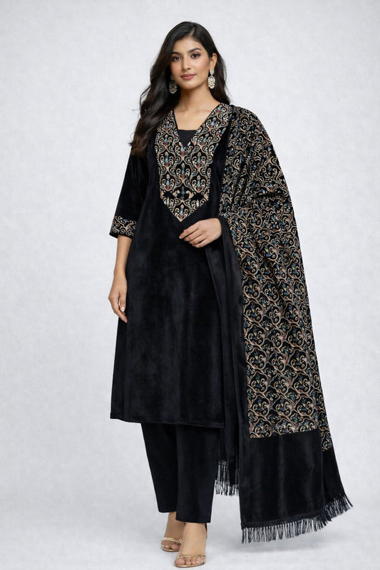 3 piece velvet suit set (Kurta, Plain Pants & Printed Shawl)